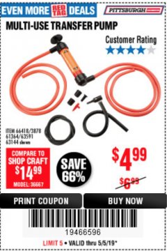 Harbor Freight Coupon MULTI-USE TRANSFER PUMP Lot No. 63144/63591/61364/62961/66418 Expired: 5/5/19 - $4.99
