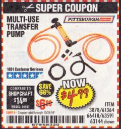 Harbor Freight Coupon MULTI-USE TRANSFER PUMP Lot No. 63144/63591/61364/62961/66418 Expired: 10/31/19 - $4.99