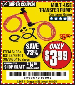 Harbor Freight Coupon MULTI-USE TRANSFER PUMP Lot No. 63144/63591/61364/62961/66418 Expired: 6/30/20 - $3.99