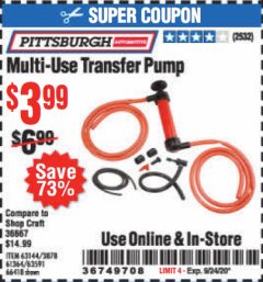 Harbor Freight Coupon MULTI-USE TRANSFER PUMP Lot No. 63144/63591/61364/62961/66418 Expired: 9/24/20 - $3.99