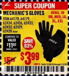 Harbor Freight Coupon PADDED MECHANICS GLOVES Lot No. 62424/62423/62425 Expired: 1/1/19 - $3.99