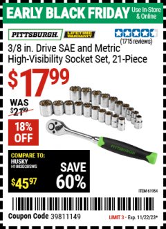 Harbor Freight Coupon 21 PIECE 3/8" DRIVE SAE AND METRIC HIGH VISIBILITY SOCKET SET Lot No. 67900/62190/61954 Expired: 11/22/23 - $17.99