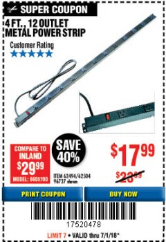 Harbor Freight Coupon 4 FT. 12 OUTLET METAL POWER STRIP Lot No. 96737/62494/62504/61597 Expired: 7/2/18 - $17.99