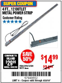 Harbor Freight Coupon 4 FT. 12 OUTLET METAL POWER STRIP Lot No. 96737/62494/62504/61597 Expired: 8/20/18 - $14.99