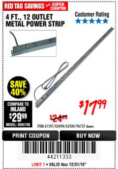 Harbor Freight Coupon 4 FT. 12 OUTLET METAL POWER STRIP Lot No. 96737/62494/62504/61597 Expired: 12/31/18 - $17.99