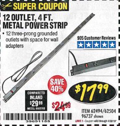 Harbor Freight Coupon 4 FT. 12 OUTLET METAL POWER STRIP Lot No. 96737/62494/62504/61597 Expired: 4/30/19 - $17.99
