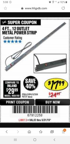 Harbor Freight Coupon 4 FT. 12 OUTLET METAL POWER STRIP Lot No. 96737/62494/62504/61597 Expired: 5/31/19 - $17.99