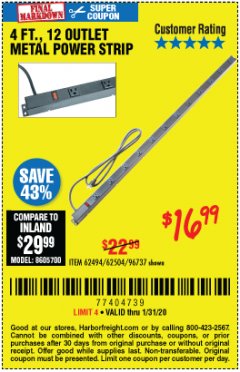 Harbor Freight Coupon 4 FT. 12 OUTLET METAL POWER STRIP Lot No. 96737/62494/62504/61597 Expired: 1/31/20 - $16.99