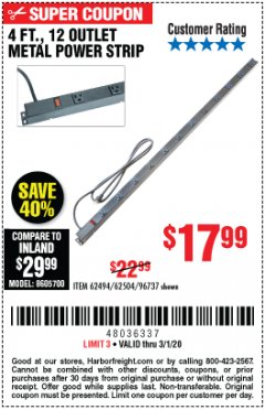 Harbor Freight Coupon 4 FT. 12 OUTLET METAL POWER STRIP Lot No. 96737/62494/62504/61597 Expired: 3/1/20 - $17.99