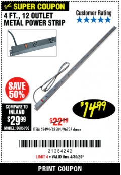 Harbor Freight Coupon 4 FT. 12 OUTLET METAL POWER STRIP Lot No. 96737/62494/62504/61597 Expired: 6/30/20 - $14.99