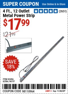 Harbor Freight Coupon 4 FT. 12 OUTLET METAL POWER STRIP Lot No. 96737/62494/62504/61597 Expired: 11/30/20 - $17.99