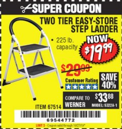 Harbor Freight Coupon TWO TIER EASY-STORE STEP LADDER Lot No. 67514 Expired: 10/27/19 - $19.99