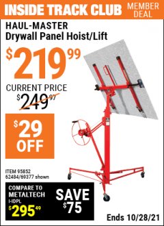 Harbor Freight ITC Coupon 150 LB. CAPACITY DRYWALL/PANEL HOIST Lot No. 62484/69377 Expired: 10/28/21 - $219.99
