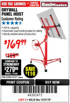 Harbor Freight Coupon 150 LB. CAPACITY DRYWALL/PANEL HOIST Lot No. 62484/69377 Expired: 12/31/18 - $169.99