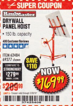 Harbor Freight Coupon 150 LB. CAPACITY DRYWALL/PANEL HOIST Lot No. 62484/69377 Expired: 2/28/19 - $169.99