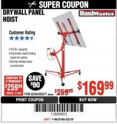 Harbor Freight Coupon 150 LB. CAPACITY DRYWALL/PANEL HOIST Lot No. 62484/69377 Expired: 6/2/19 - $169.99