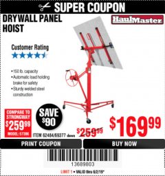 Harbor Freight Coupon 150 LB. CAPACITY DRYWALL/PANEL HOIST Lot No. 62484/69377 Expired: 6/2/19 - $169.99