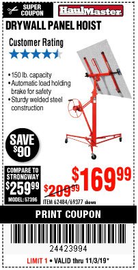 Harbor Freight Coupon 150 LB. CAPACITY DRYWALL/PANEL HOIST Lot No. 62484/69377 Expired: 11/3/19 - $169.99