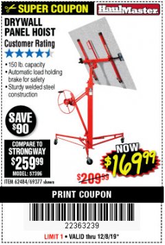 Harbor Freight Coupon 150 LB. CAPACITY DRYWALL/PANEL HOIST Lot No. 62484/69377 Expired: 12/8/19 - $169.99
