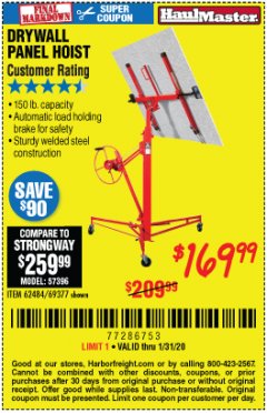 Harbor Freight Coupon 150 LB. CAPACITY DRYWALL/PANEL HOIST Lot No. 62484/69377 Expired: 1/31/20 - $169.99