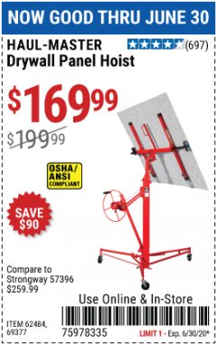Harbor Freight Coupon 150 LB. CAPACITY DRYWALL/PANEL HOIST Lot No. 62484/69377 Expired: 6/30/20 - $169.99