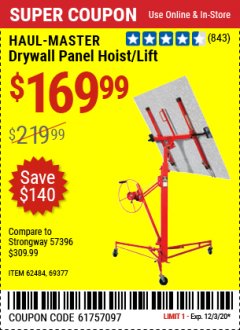 Harbor Freight Coupon 150 LB. CAPACITY DRYWALL/PANEL HOIST Lot No. 62484/69377 Expired: 12/3/20 - $169.99