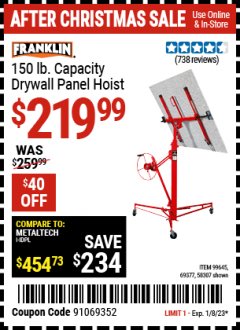 Harbor Freight Coupon 150 LB. CAPACITY DRYWALL/PANEL HOIST Lot No. 62484/69377 Expired: 1/8/23 - $219.99
