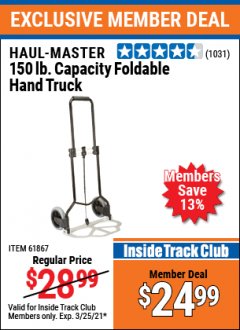 Harbor Freight ITC Coupon 150 LB. CAPACITY FOLDABLE HAND TRUCK Lot No. 58298,61867 Expired: 3/25/21 - $24.99