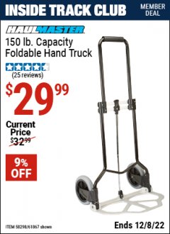 Harbor Freight Coupon 150 LB. CAPACITY FOLDABLE HAND TRUCK Lot No. 58298,61867 Expired: 12/8/22 - $29.99