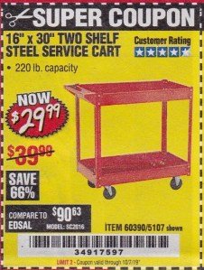 Harbor Freight Coupon 16" x 30" TWO SHELF STEEL SERVICE CART Lot No. 5107/60390 Expired: 10/7/19 - $29.99