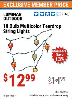 Harbor Freight ITC Coupon 11 FT., 10 BULB MULTICOLOR TEARDROP LINKABLE STRING LIGHTS Lot No. 56267 Expired: 9/30/20 - $12.99