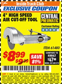 Harbor Freight ITC Coupon 4" HIGH SPEED AIR CUT-OFF TOOL Lot No. 61480 Expired: 8/31/18 - $8.99