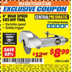 Harbor Freight ITC Coupon 4" HIGH SPEED AIR CUT-OFF TOOL Lot No. 61480 Expired: 8/31/19 - $8.99