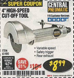 Harbor Freight Coupon 4" HIGH SPEED AIR CUT-OFF TOOL Lot No. 61480 Expired: 4/30/19 - $8.99