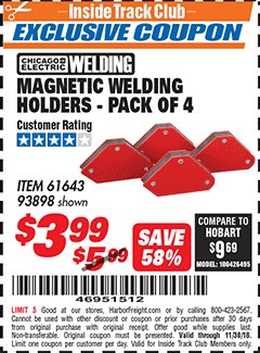 Harbor Freight ITC Coupon 4 PIECE MAGNETIC WELDING HOLDERS Lot No. 61643/93898 Expired: 11/30/18 - $3.99