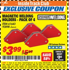 Harbor Freight ITC Coupon 4 PIECE MAGNETIC WELDING HOLDERS Lot No. 61643/93898 Expired: 1/31/19 - $3.99