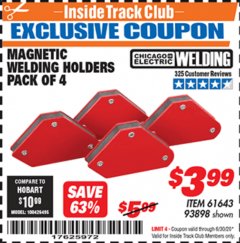 Harbor Freight ITC Coupon 4 PIECE MAGNETIC WELDING HOLDERS Lot No. 61643/93898 Expired: 6/30/20 - $3.99