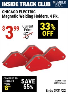 Harbor Freight ITC Coupon 4 PIECE MAGNETIC WELDING HOLDERS Lot No. 61643/93898 Expired: 3/31/22 - $3.99