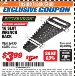 Harbor Freight ITC Coupon 16 SLOT WRENCH RACK Lot No. 36930/62850 Expired: 10/31/18 - $3.99