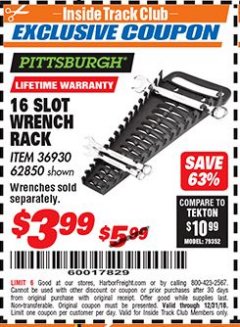 Harbor Freight ITC Coupon 16 SLOT WRENCH RACK Lot No. 36930/62850 Expired: 12/31/18 - $3.99