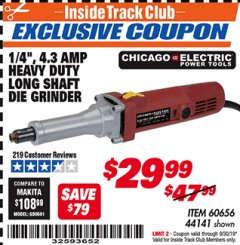 Harbor Freight ITC Coupon 1/4" HEAVY DUTY LONG SHAFT DIE GRINDER Lot No. 60656/44141 Expired: 9/30/19 - $29.99