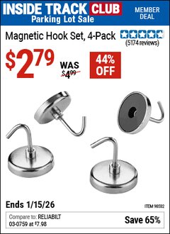 Harbor Freight ITC Coupon MAGNETIC HOOK SET, 4-PACK Lot No. 98502 Expired: 1/15/26 - $2.79