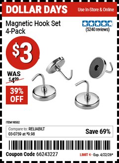 Harbor Freight Coupon MAGNETIC HOOK SET, 4-PACK Lot No. 98502 Valid Thru: 4/22/26 - $3