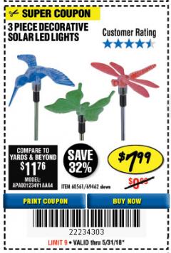 Harbor Freight Coupon 3 PIECE DECORATIVE SOLAR LED LIGHTS Lot No. 95588/69462/60561 Expired: 5/31/18 - $7.99