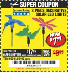Harbor Freight Coupon 3 PIECE DECORATIVE SOLAR LED LIGHTS Lot No. 95588/69462/60561 Expired: 10/1/18 - $7.99
