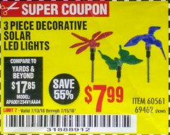 Harbor Freight Coupon 3 PIECE DECORATIVE SOLAR LED LIGHTS Lot No. 95588/69462/60561 Expired: 7/15/18 - $7.99