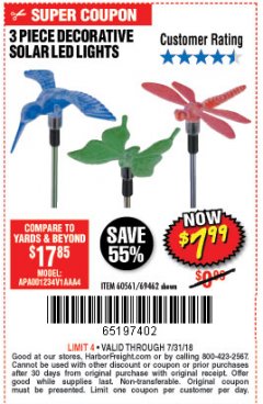 Harbor Freight Coupon 3 PIECE DECORATIVE SOLAR LED LIGHTS Lot No. 95588/69462/60561 Expired: 7/31/18 - $7.99
