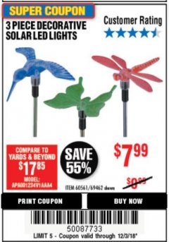 Harbor Freight Coupon 3 PIECE DECORATIVE SOLAR LED LIGHTS Lot No. 95588/69462/60561 Expired: 12/3/18 - $7.99