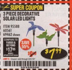 Harbor Freight Coupon 3 PIECE DECORATIVE SOLAR LED LIGHTS Lot No. 95588/69462/60561 Expired: 3/31/19 - $7.99