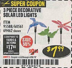 Harbor Freight Coupon 3 PIECE DECORATIVE SOLAR LED LIGHTS Lot No. 95588/69462/60561 Expired: 4/30/19 - $7.99